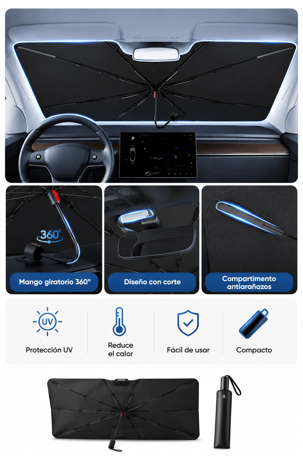 SunShield™ Parasol Premium Tipo Paraguas para Coche